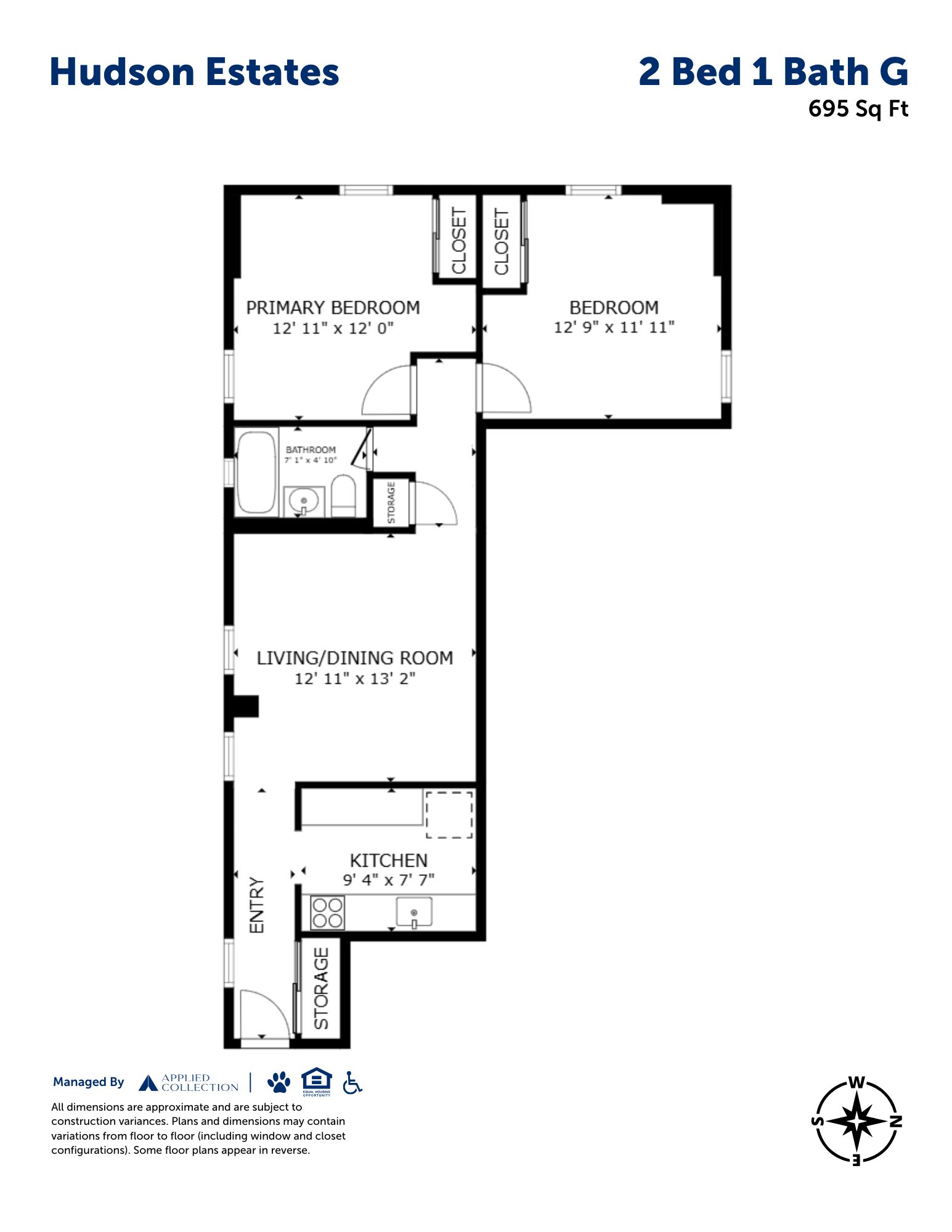 Floor plan for 2 beds, 1 bath, 695 sqft
